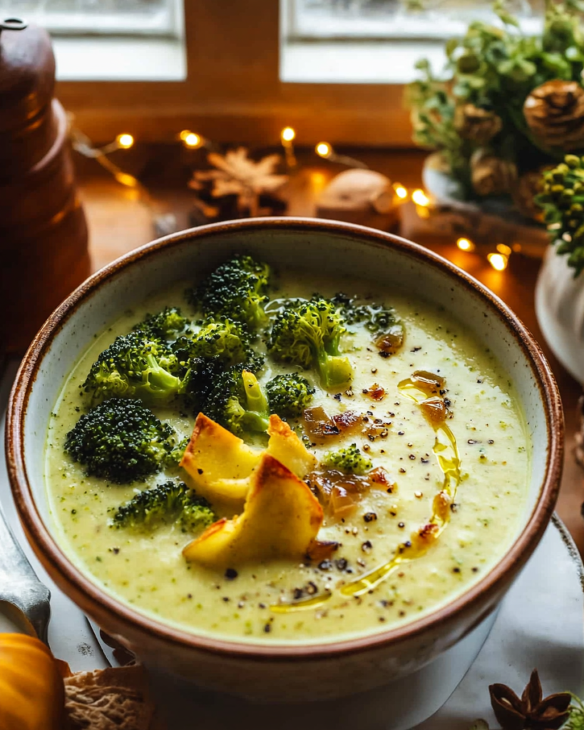 Broccoli and Cheddar Soup with Caramelized Onions