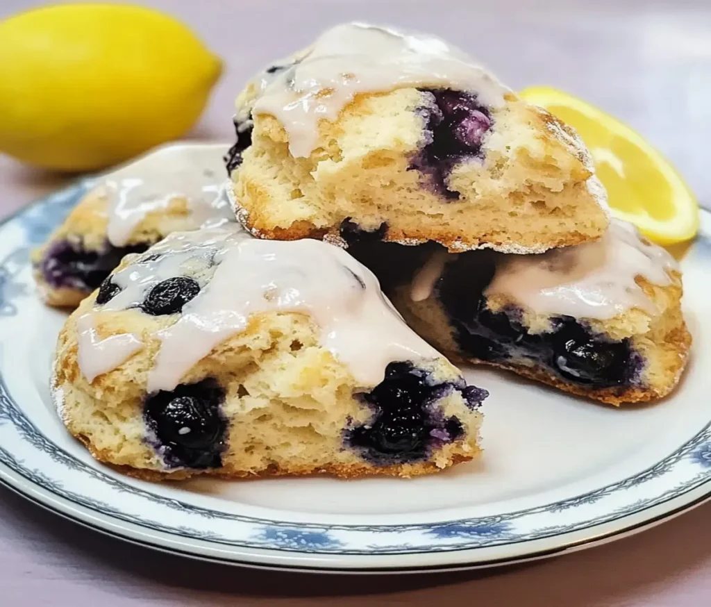 Golden blueberry lemonade scones on a white plate, drizzled with lemon glaze, surrounded by fresh blueberries and lemon slices on a rustic wooden table