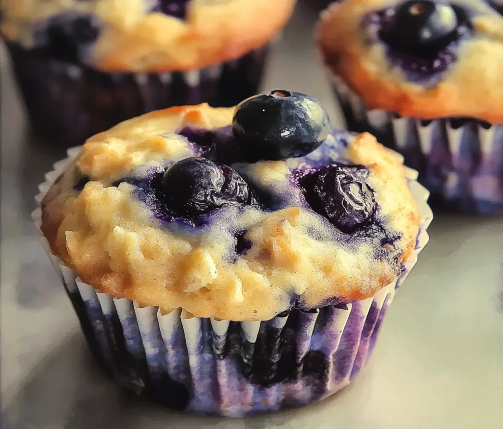 A close-up of freshly baked Blueberry Oatmeal Greek Yogurt Muffins in a muffin tin, showcasing golden tops studded with juicy blueberries.