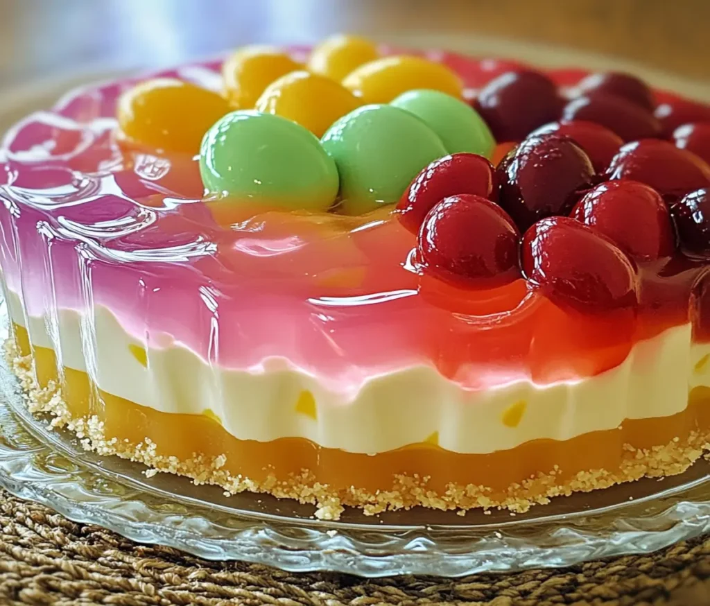 Easter Jell-O Pie with colorful layers of strawberry and orange Jell-O, topped with pastel sprinkles and candies