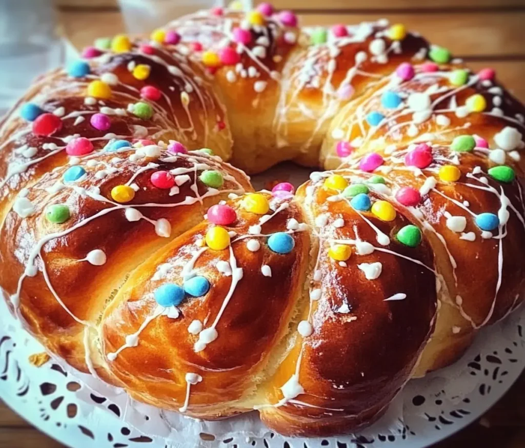 Golden braided Greek Easter Bread (Tsoureki) with red-dyed eggs and sesame seeds on a wooden board.