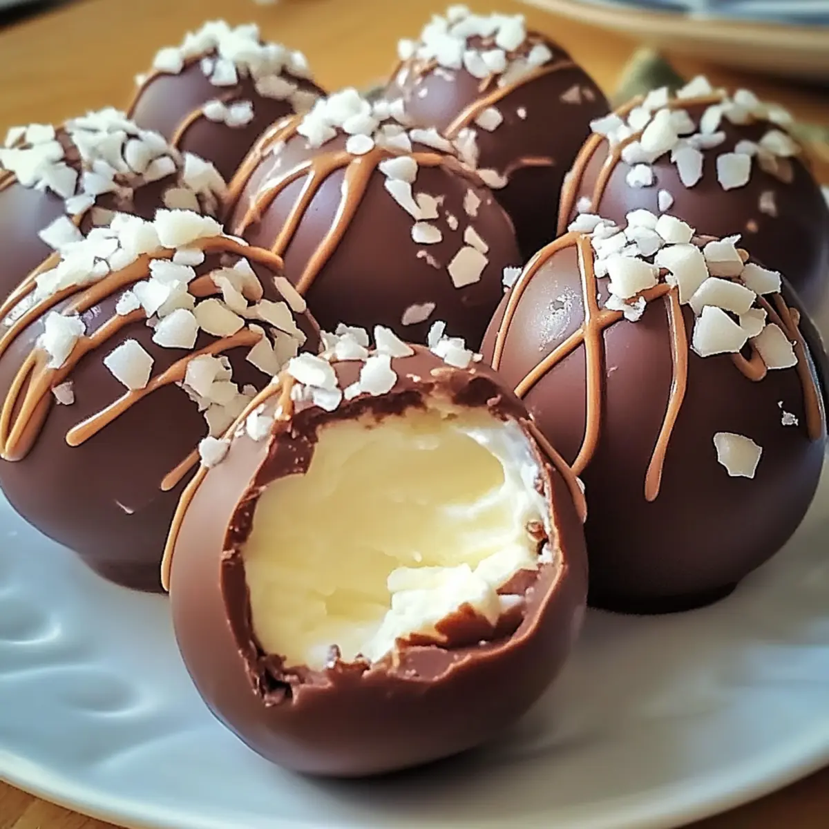 Homemade Easter Cream Eggs with chocolate shells and vanilla filling on a pastel plate.