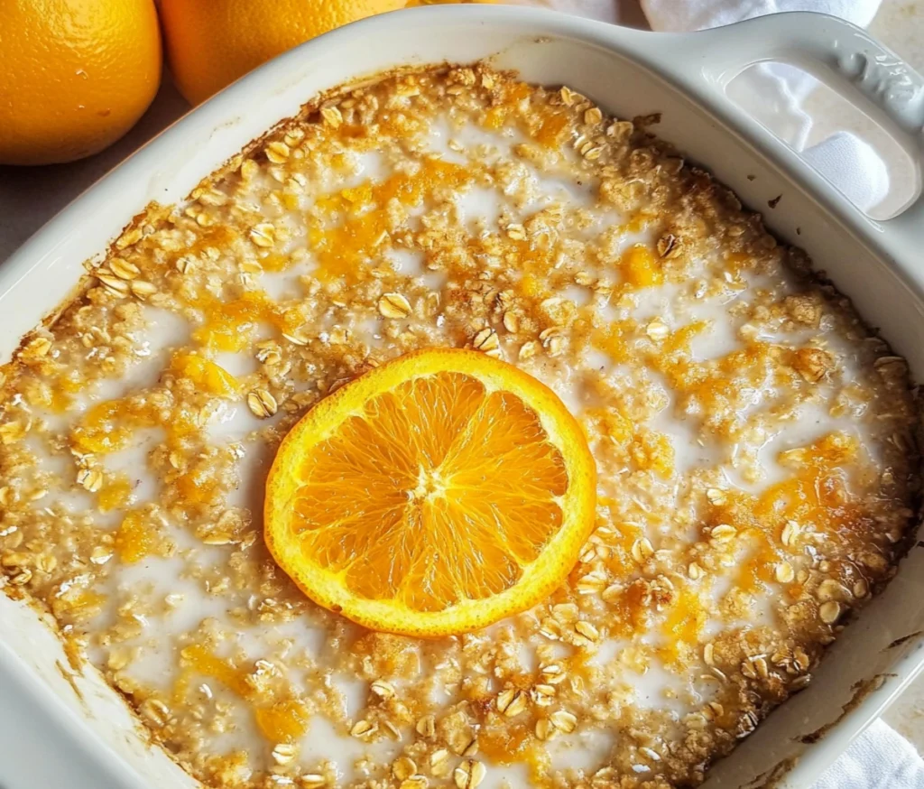 Freshly baked Orange Creamsicle Oatmeal in a white dish, topped with almonds and orange zest