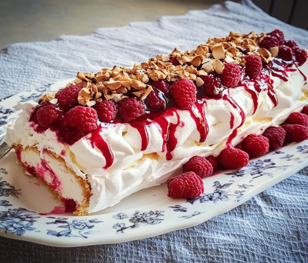 A sliced raspberry meringue roulade on a white platter, showcasing a golden meringue rolled with whipped cream and fresh raspberries, dusted with powdered sugar.