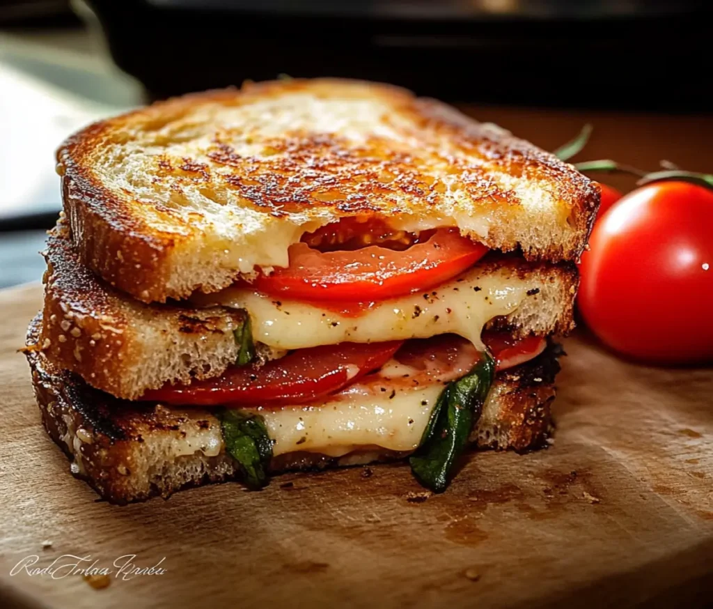A golden-brown roasted tomato grilled cheese sandwich sliced diagonally, revealing melted cheddar and mozzarella with caramelized tomatoes, served on a white plate with a side of tomato soup.