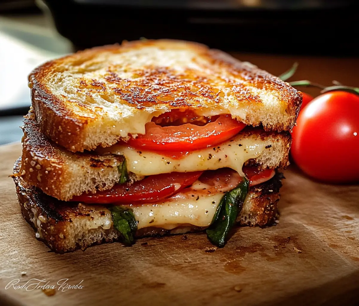 A golden-brown roasted tomato grilled cheese sandwich sliced diagonally, revealing melted cheddar and mozzarella with caramelized tomatoes, served on a white plate with a side of tomato soup.