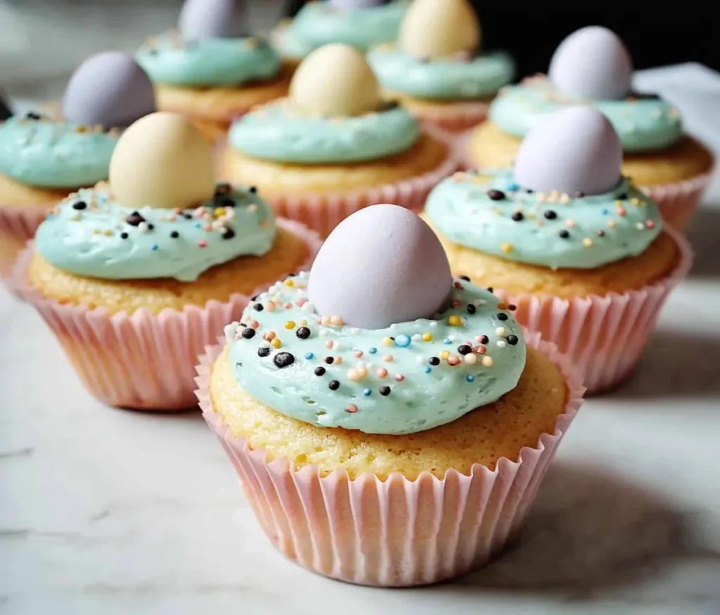 A dozen Robin’s Egg Easter Cupcakes with speckled blue frosting and Cadbury Mini Eggs on a white stand.