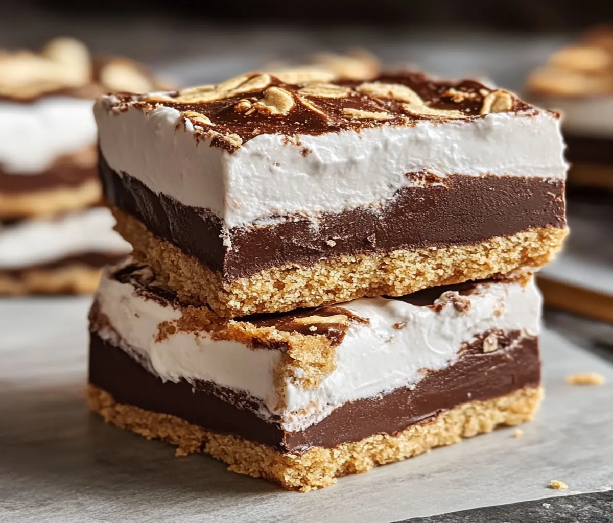 S’mores Fudge Bars with toasted marshmallows, chocolate fudge, and graham cracker crust on a rustic wooden platter.