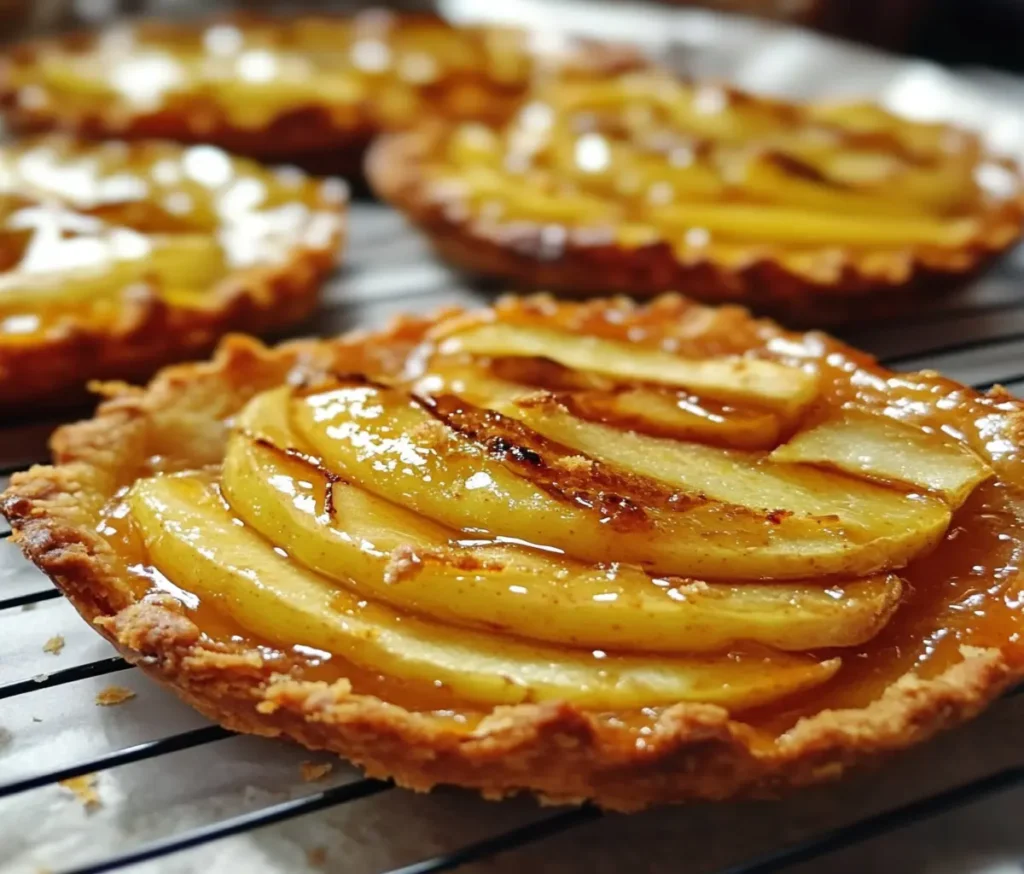 Golden Spanish Apple Tart with a buttery shortcrust pastry, creamy custard, and caramelized apple slices arranged in a spiral, served on a white plate.