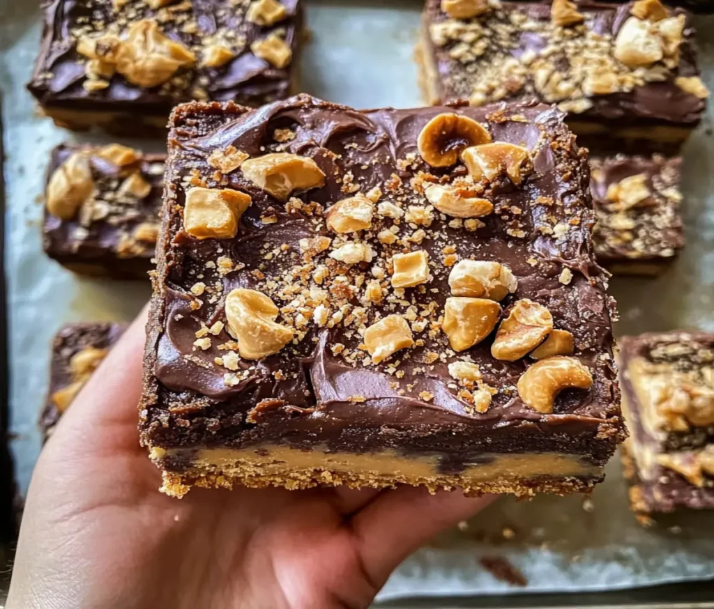 Buckeye Crunch Bars on wooden board