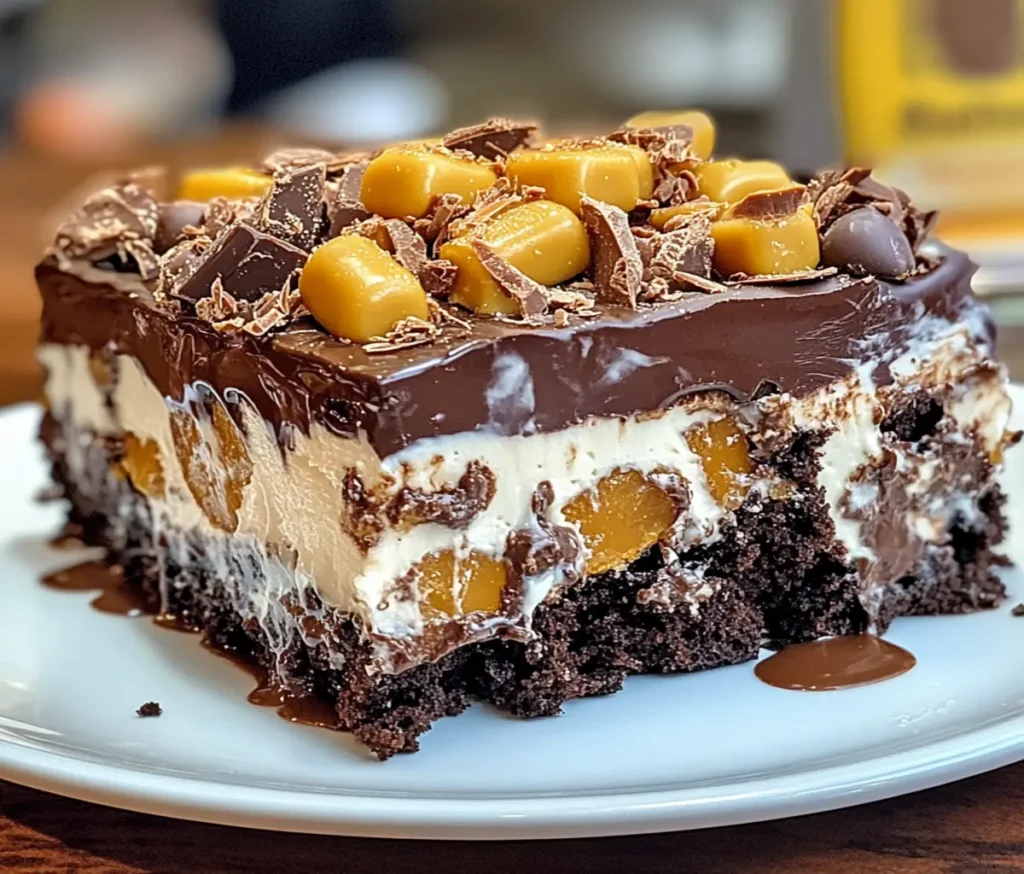 A slice of Chocolate Butterfinger Poke Cake on a plate, displaying moist chocolate layers, caramel-soaked holes, whipped topping, and crushed Butterfinger candy, ideal for a party dessert idea.