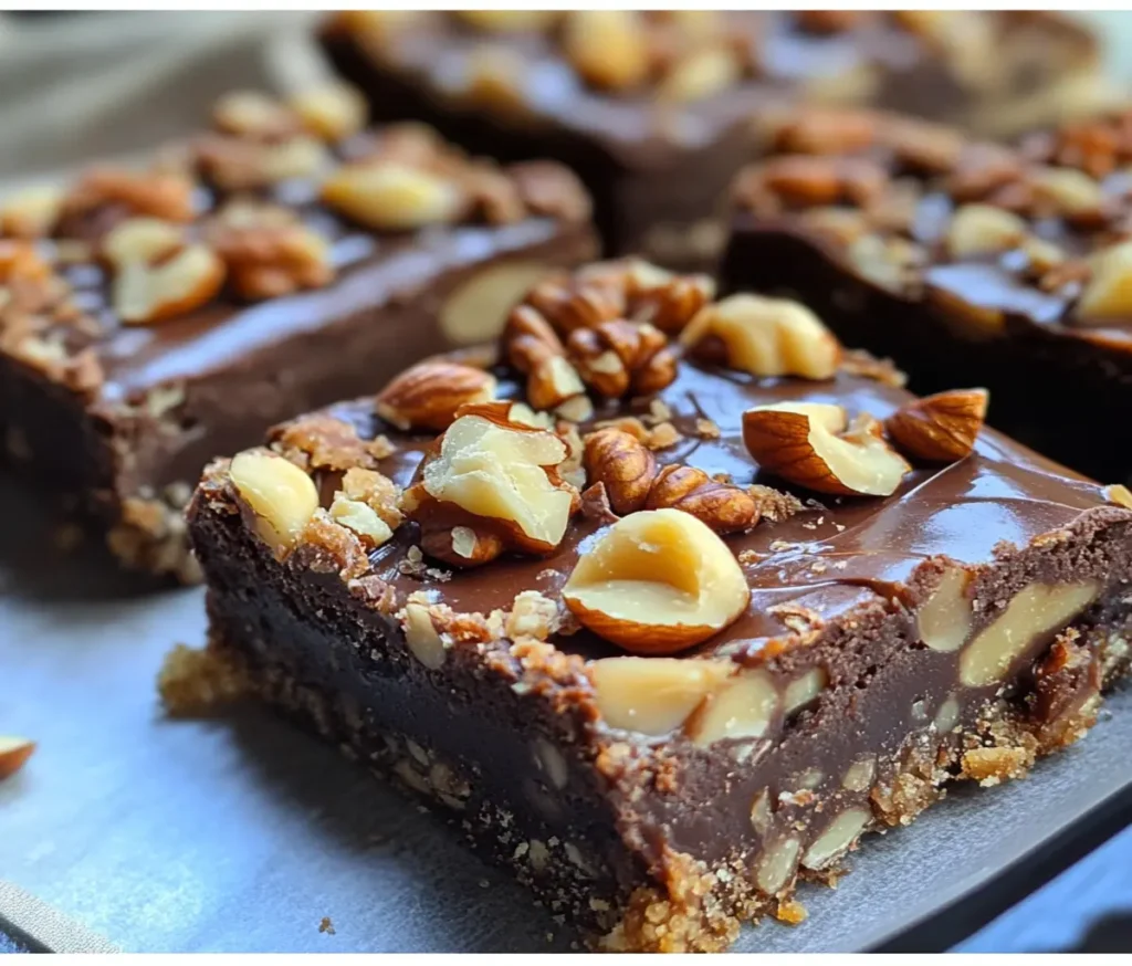 Chocolate Caramel Nut Bars stacked on plate