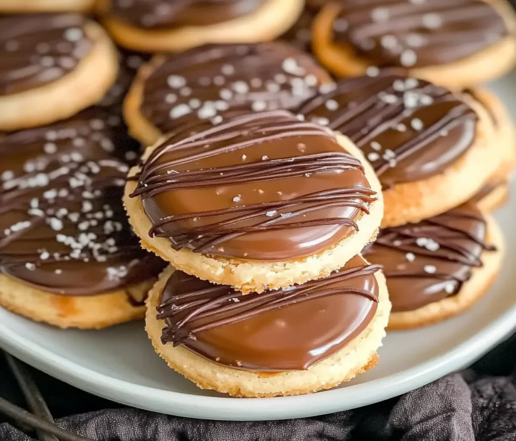 A stack of Chocolate Caramel Shortbread Cookies on a white plate, displaying layers of golden shortbread, gooey caramel, and glossy chocolate, sprinkled with sea salt.