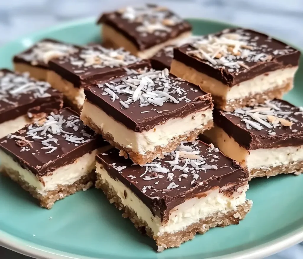 Stack of Chocolate Coconut Cream Bars with rich chocolate topping and creamy coconut filling on a plate.