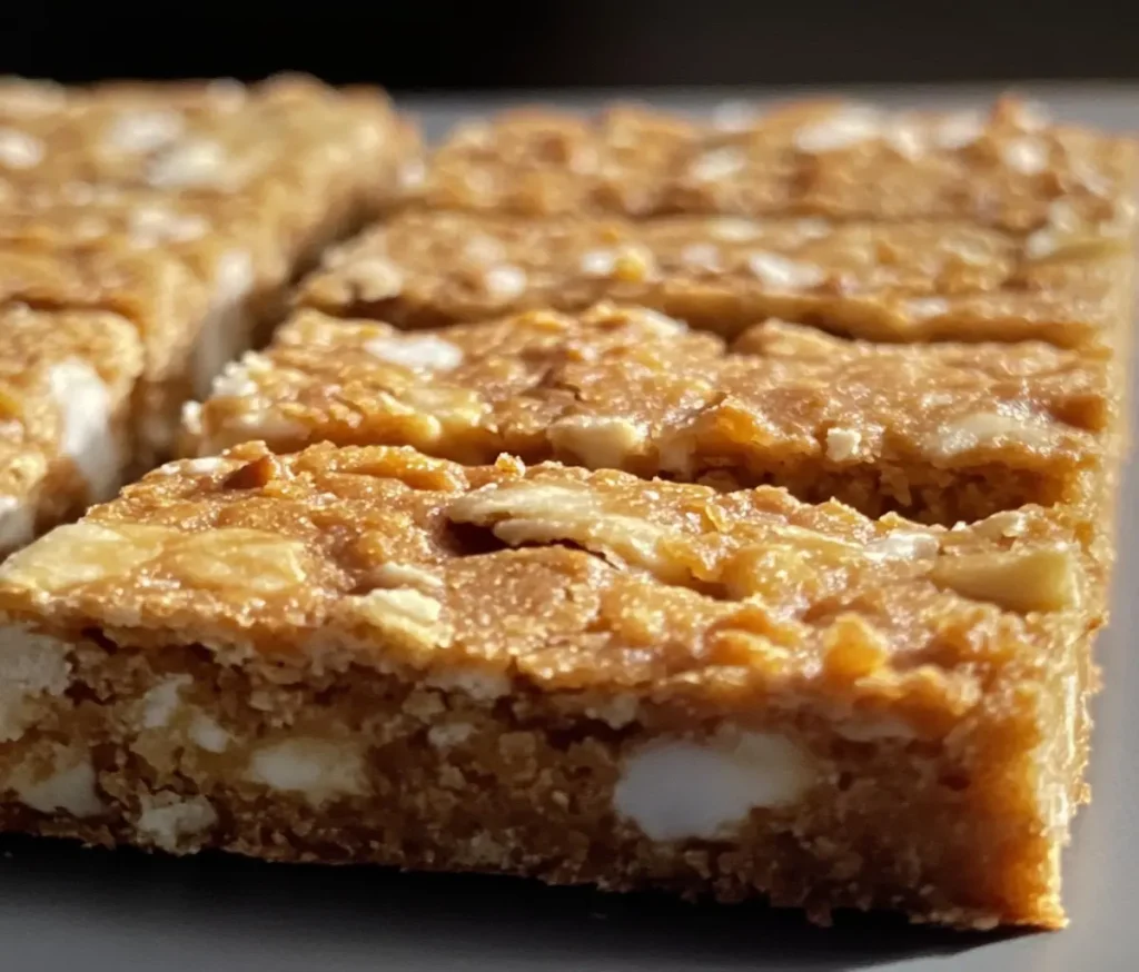 A golden-brown Condensed Milk Anzac Biscuit Slab sliced into squares on a wooden board, showcasing its chewy texture with oats and coconut, drizzled with chocolate, perfect for an Australian baking treat.
