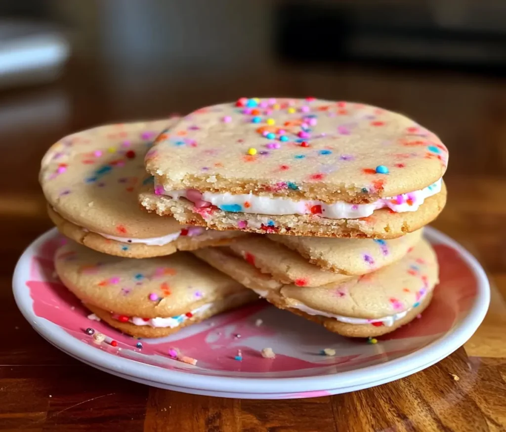 A stack of Funfetti Cheesecake Sandwich Cookies on a colorful plate, showcasing chewy cookies with rainbow sprinkles and creamy cheesecake filling, perfect for a birthday dessert recipe.