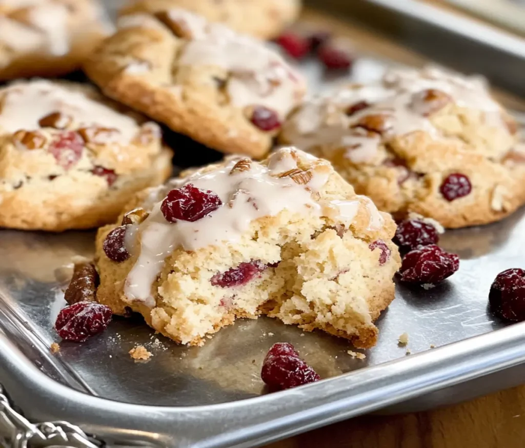 A close-up of golden ginger pecan cranberry scones arranged on a rustic wooden board, showcasing flaky pastries studded with tart cranberries and crunchy pecans, dusted with turbinado sugar. A sprig of rosemary and scattered cranberries add a festive garnish.