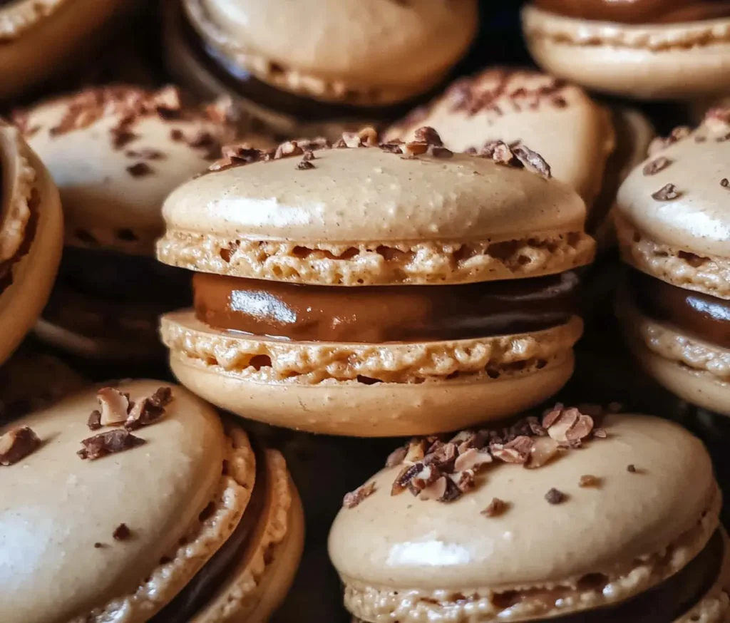 A row of Hazelnut Coffee Macarons on a white plate, showcasing delicate, golden-brown macaron shells filled with creamy coffee-hazelnut filling, dusted with cocoa powder.