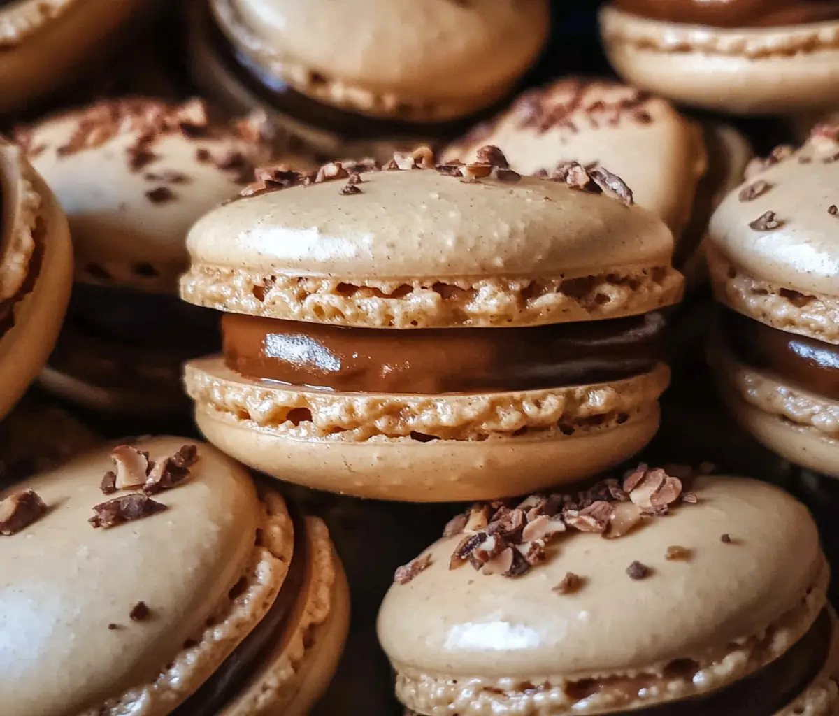A row of Hazelnut Coffee Macarons on a white plate, showcasing delicate, golden-brown macaron shells filled with creamy coffee-hazelnut filling, dusted with cocoa powder.