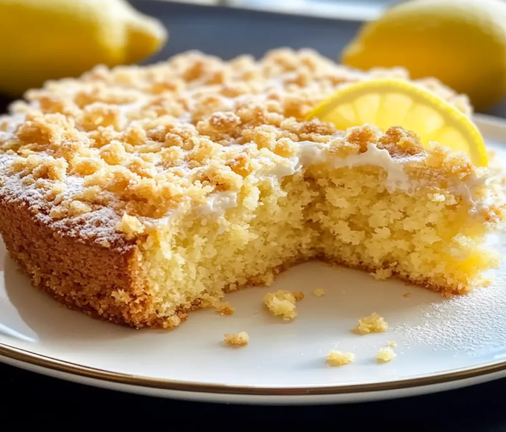 A slice of Lemon Crumble Breakfast Cake on a white plate, showcasing a moist lemon cake with a golden, buttery crumble topping, garnished with powdered sugar and a lemon slice.