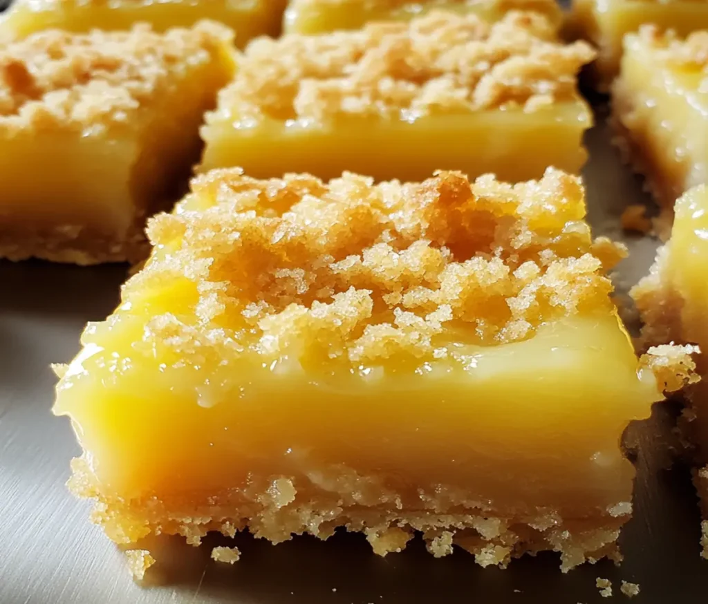 Freshly baked lemon pie crumble bars stacked on a white plate, garnished with lemon zest.