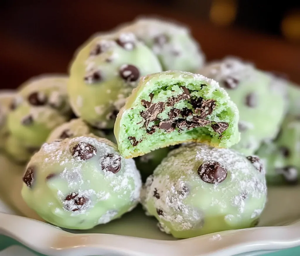 Close-up of Mint Snowball Cookies on a white plate, coated in powdered sugar with a green hue and chocolate chips, set against a festive holiday background.