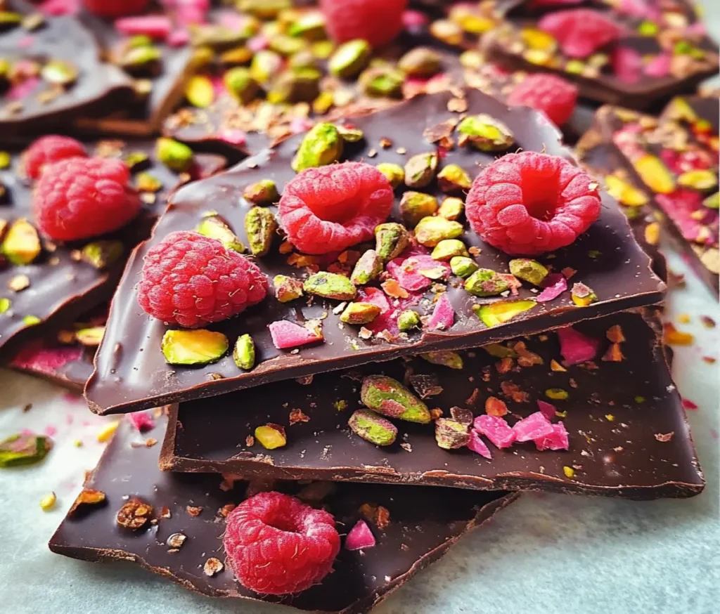 raspberry chocolate yogurt bark pieces on a black slate, with creamy Greek yogurt, red raspberries, and dark chocolate swirls, garnished with fresh raspberries and cocoa powder