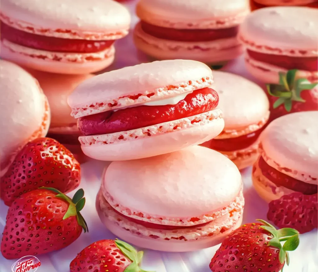 Strawberry and Cream Macarons stacked on a white plate with fresh strawberries beside them.